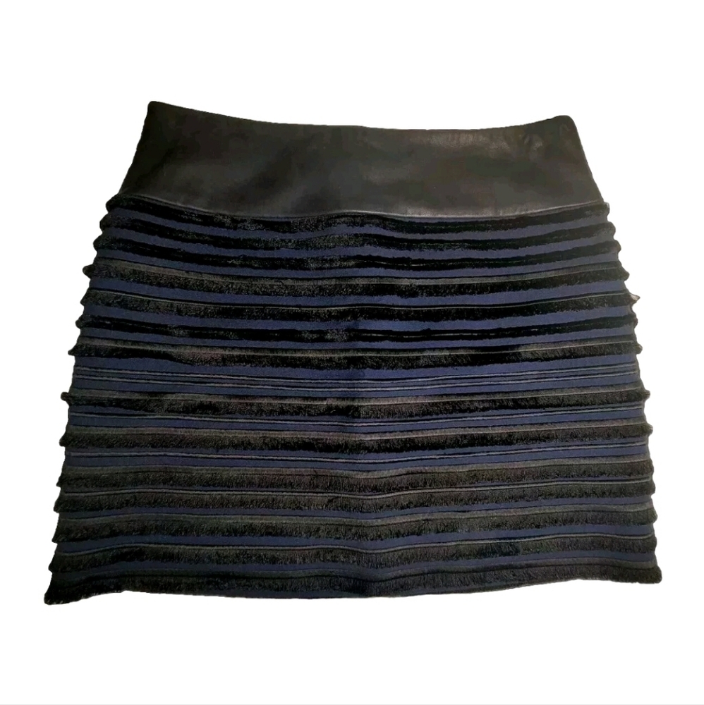 Rag & Bone Edgy Luxe Leather Fringe Mini Skirt Black & Blue Lambskin Size 0